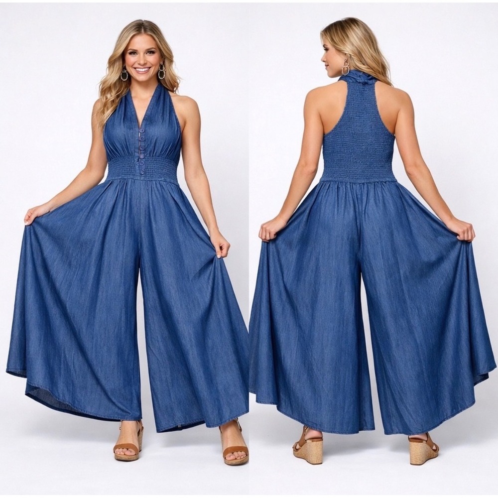 Denim Halter Jumpsuit Blue Super Wide Leg Women's Size 1X Smocked Sleeveless